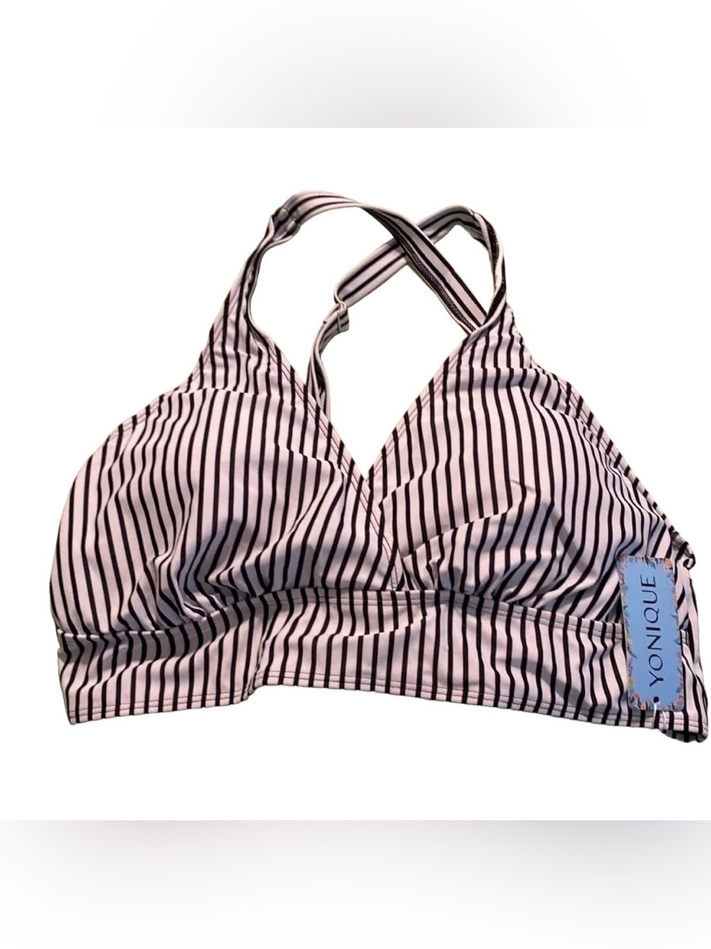 Yonique Striped Swim Top Black White Crossback Bikini Tankini Plus Size 16W NWT